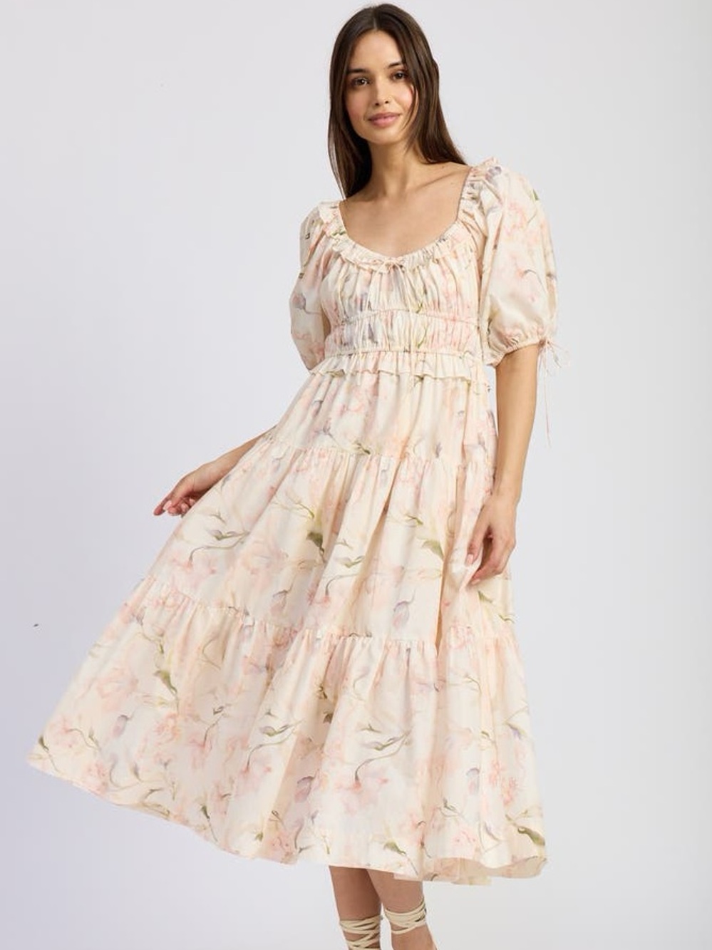 EN SAISON Floral Puff Sleeve Poplin Midi Dress NEW